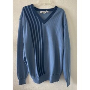 Vintage 70s Sweater Size XL  Justin Blake Blue V-Neck Grandpa Sweater MCM Stripe